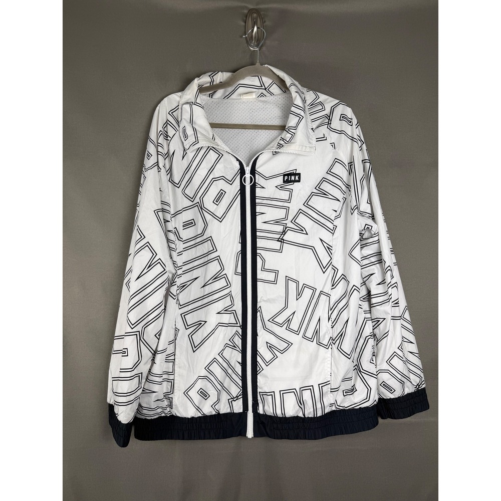 PINK Windbreaker Jacket Women Medium White Black Logo Print Full Zip Mesh Lined